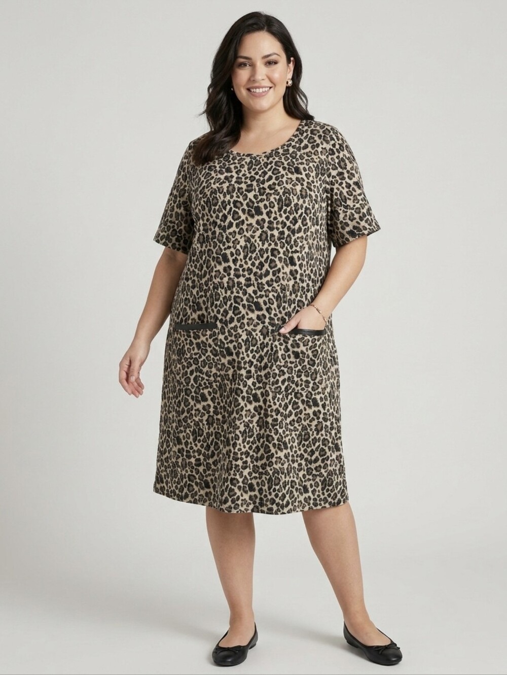 George Leopard Print Shift Dress with Faux Leather Pocket Trim Plus Size 3X
